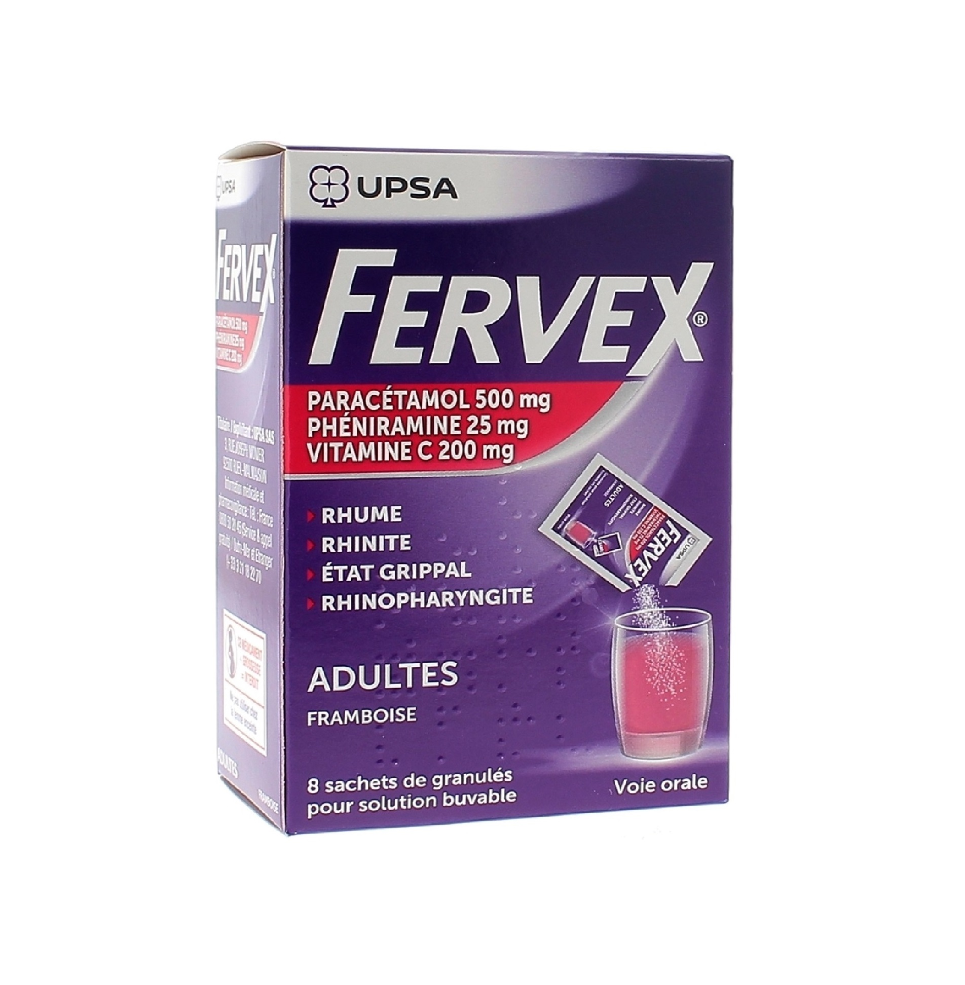 Buy Fervex Raspberry Flavor 8 sachets online in the US pharmacy.
